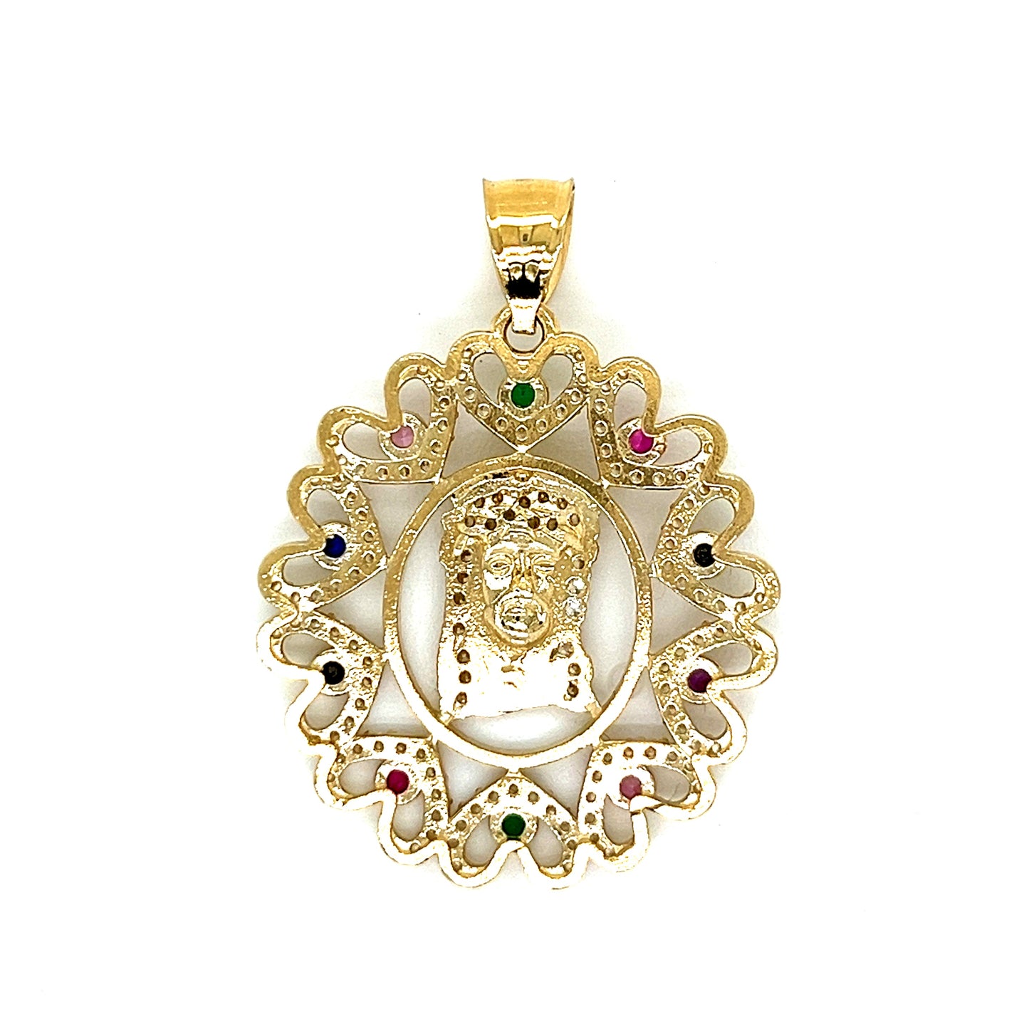 Colgante con cara de Jesús en oro de 14 quilates con corazones de colores