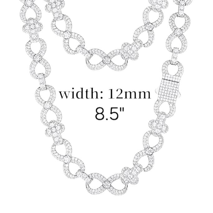Cubic Zirconia Sterling Silver 925 Cross Infinity Link 12mm Iced Out 8"-8.5" Bracelet - C300039