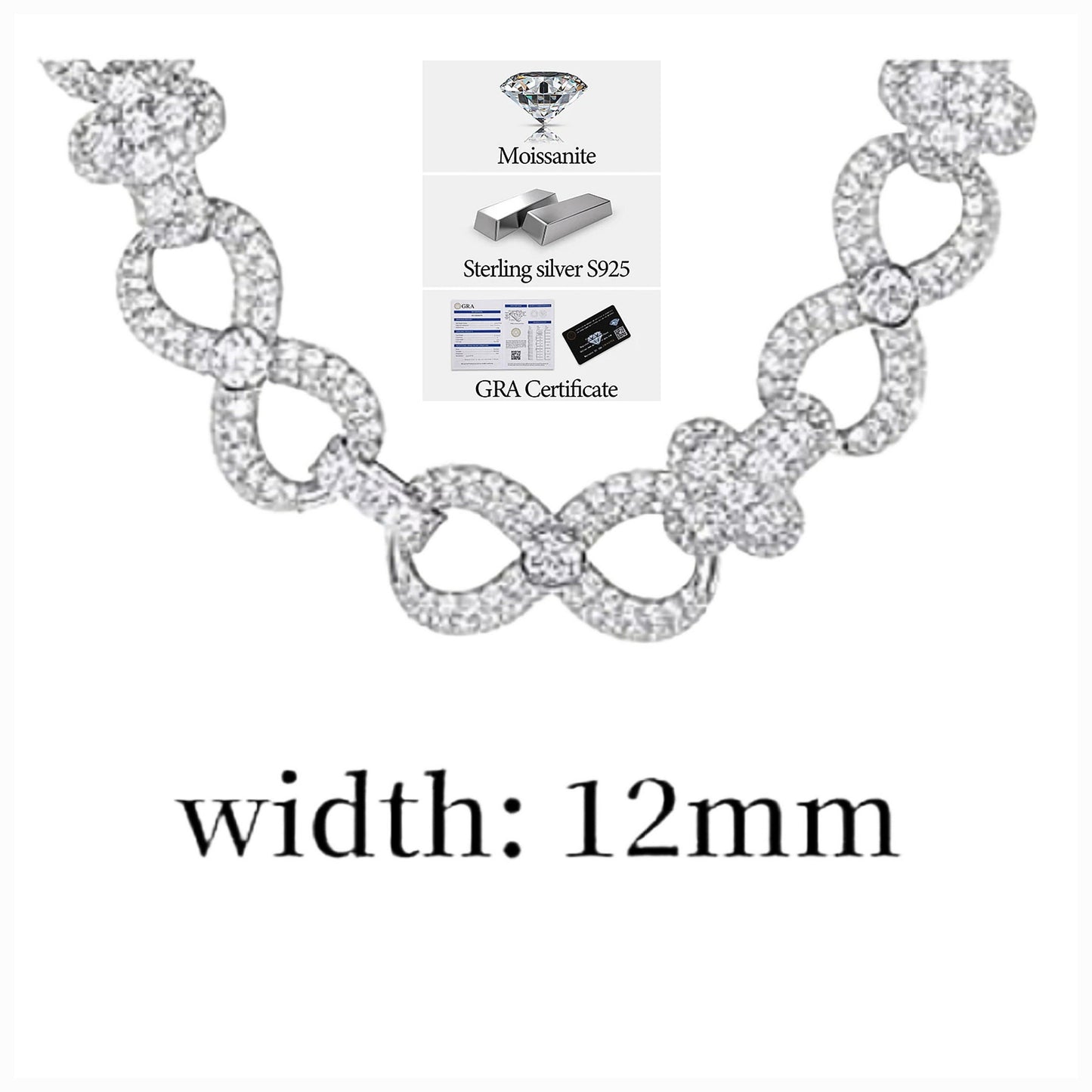 Moissanite Sterling Silver 925 Cross Infinity Link 12mm Iced Out 8"-8.5" Bracelet - M300039