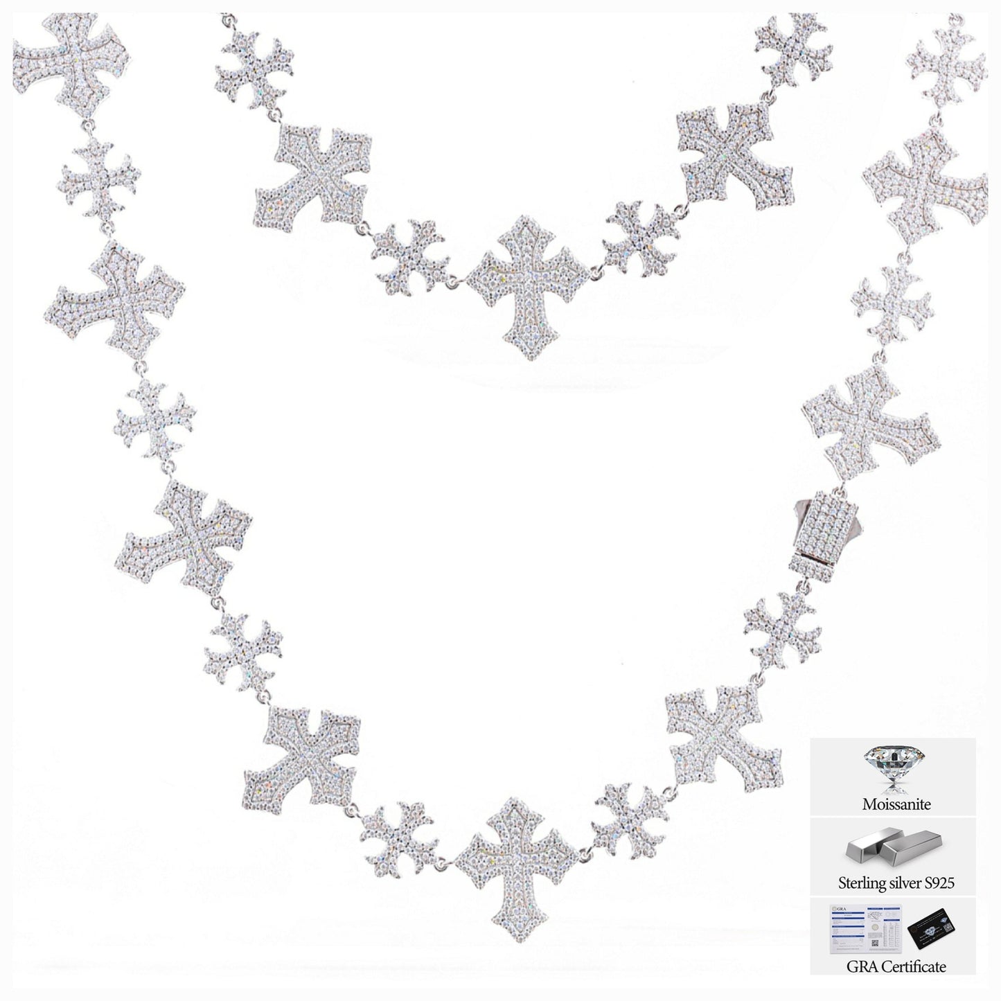 Iced Out Moissanite Sterling Silver 925 Crosses Link 13/22mm Iced Out 18"-24" Chain Necklace - M500049