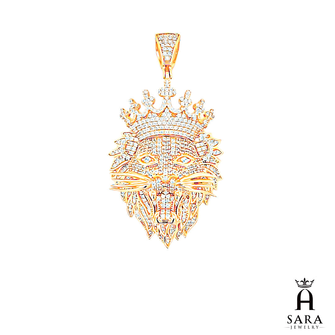 Lion Wearing Bling Crown Yellow 14K Gold Finish Pendant