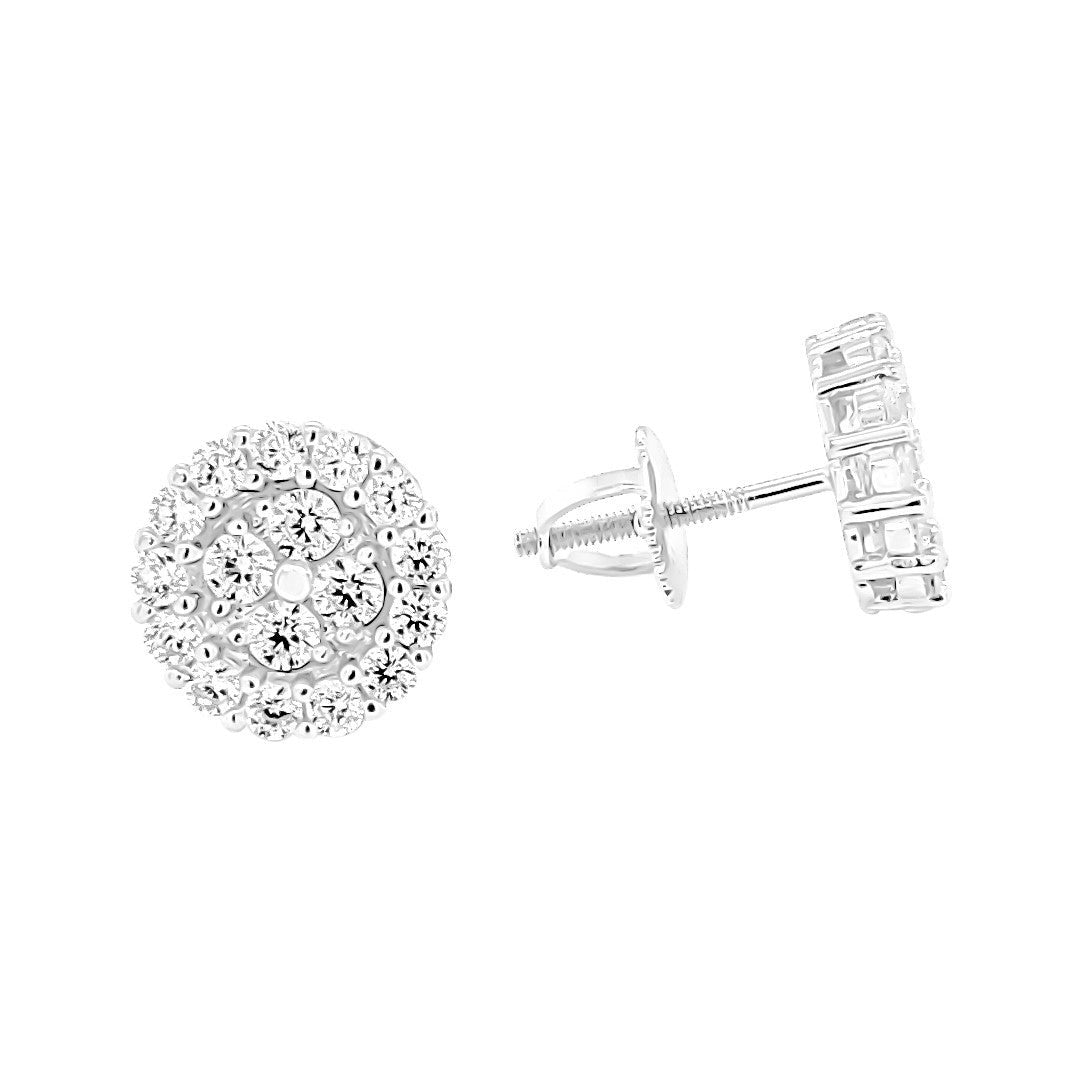 Round White Silver Screw Back Earrings
