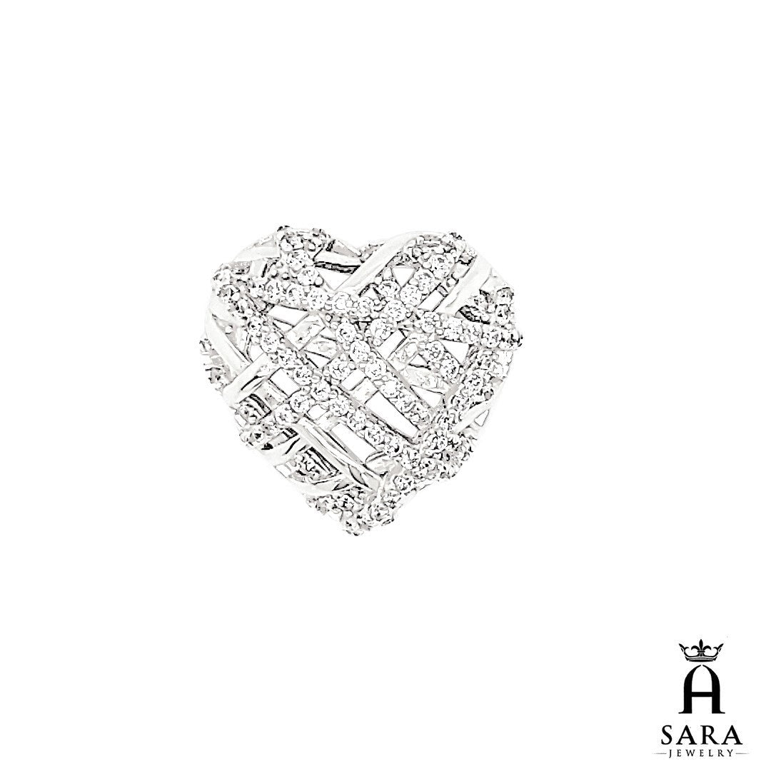 Colgante con colgante de corazón completo con piedras redondas y acabado en rodio para mujer de 0,75 x 0,5 pulgadas