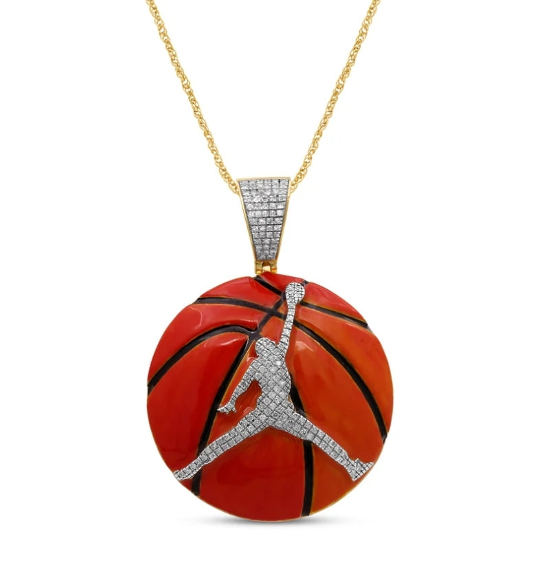 Basketball Copper Sports Black-Orange Enamel Hip Hop 10k Gold 1.09ct Diamond 2.2" Personalized Custom Pendant Charm - CSP21959