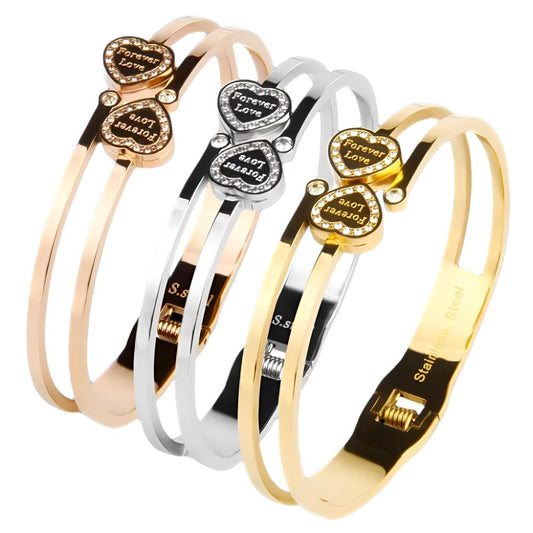 Gold Plated Stainless Steel "Forever Love" Heart Bangle