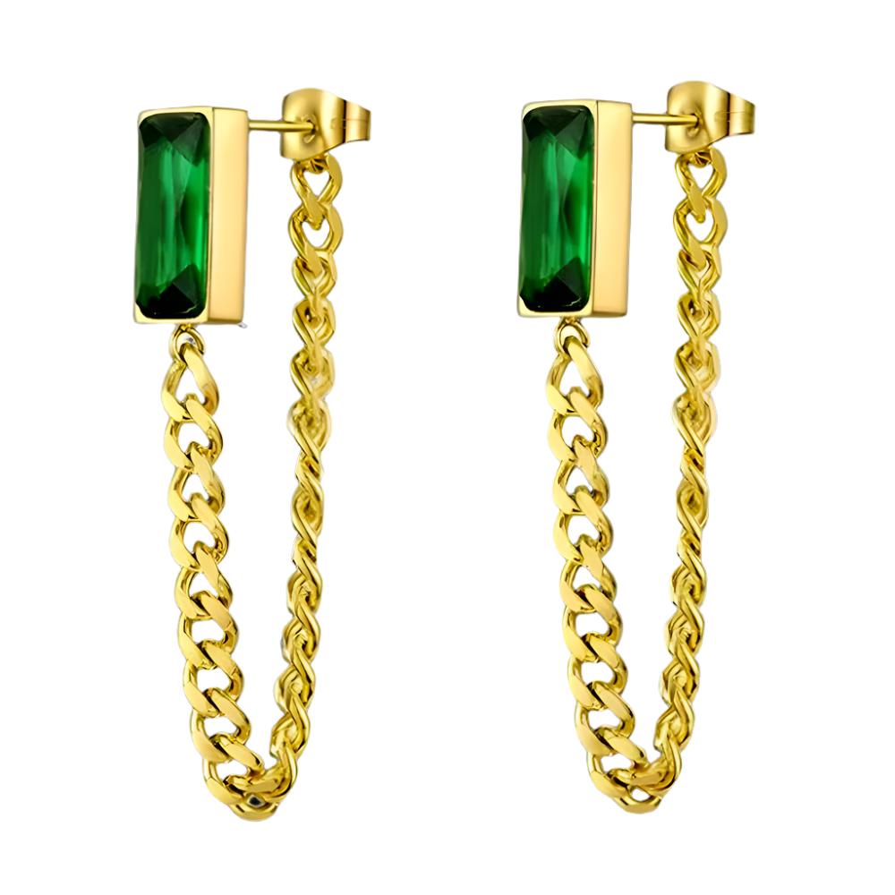 Stainless Steel Fashion Dangling Cuban Earrings Inlaid Gold Green Crystal