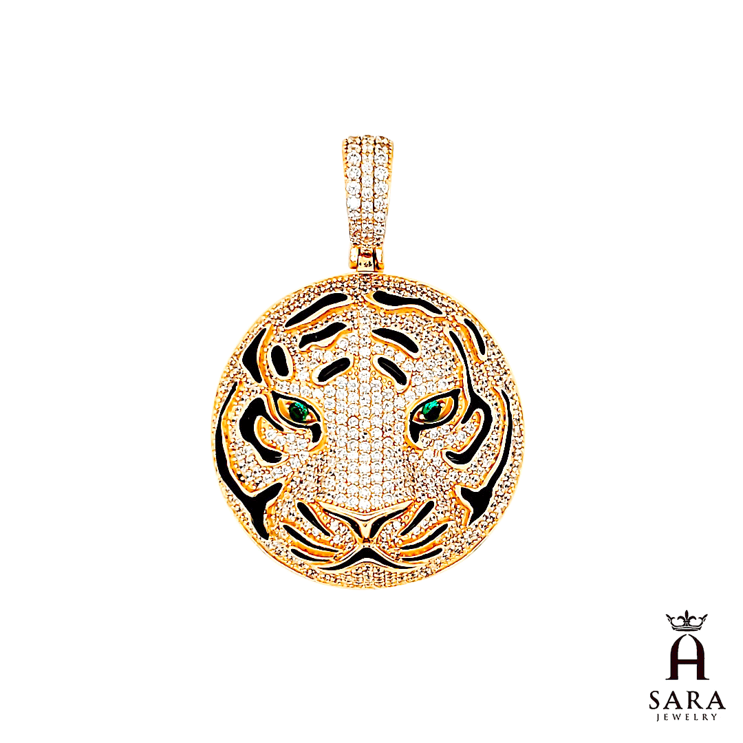 Colgante de 1,5" con cara de pantera de ojos verdes y plata blanca