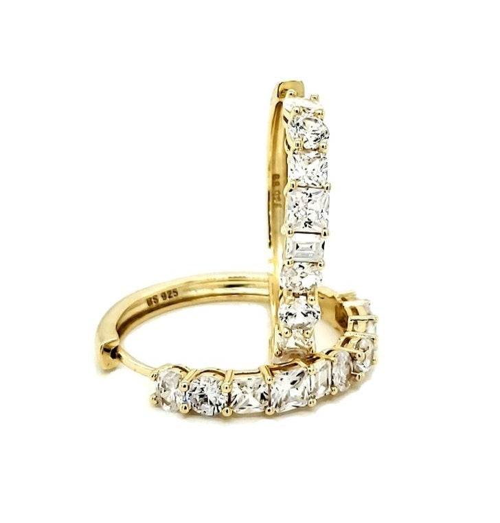 14K Gold Finish over 925 SS Hoop Bling CZ Earrings