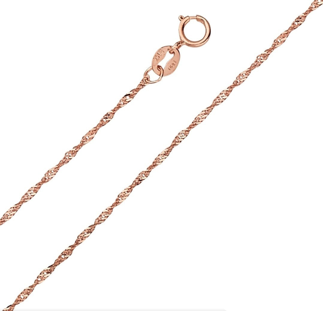 Solid 025 Gauge 1.5mm Singapore Italy Twisted Chain Necklace in 14K Rose-Gold Finish Polished 16"- 20"