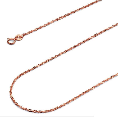 Solid 025 Gauge 1.5mm Singapore Italy Twisted Chain Necklace in 14K Rose-Gold Finish Polished 16"- 20"