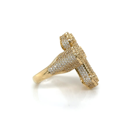 Anillo de cruz baguette 3D con circonita cúbica de oro de 14 quilates