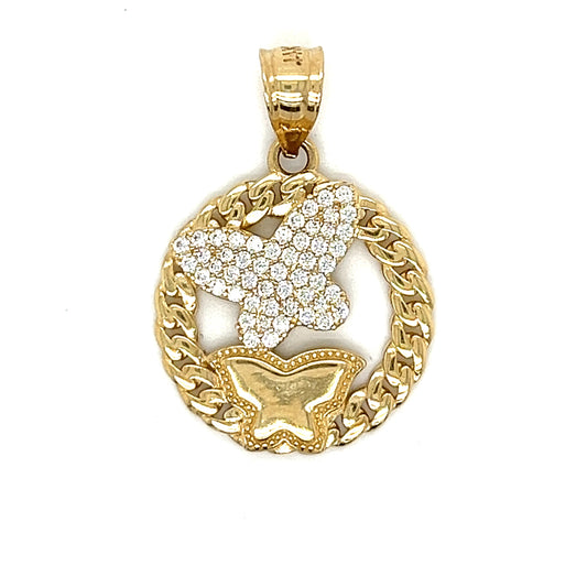 14K Gold Round Double Butterfly Pendant