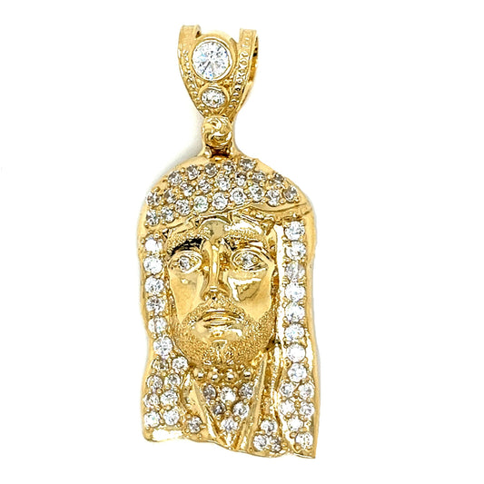 14K Gold Jesus Face Pendant W/ CZ