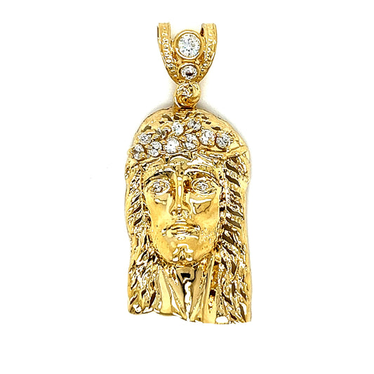 14K Gold Elegant Jesus Face Pendant W/ CZ