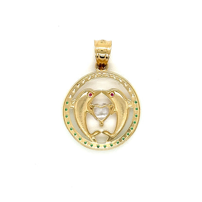 14K Gold Round Dolphins & Heart Pendant