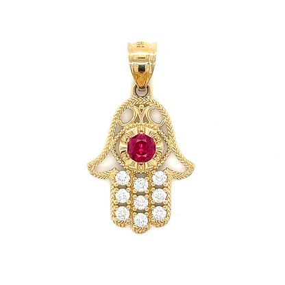 14K Gold Hamsa Pendant With Colored Stone