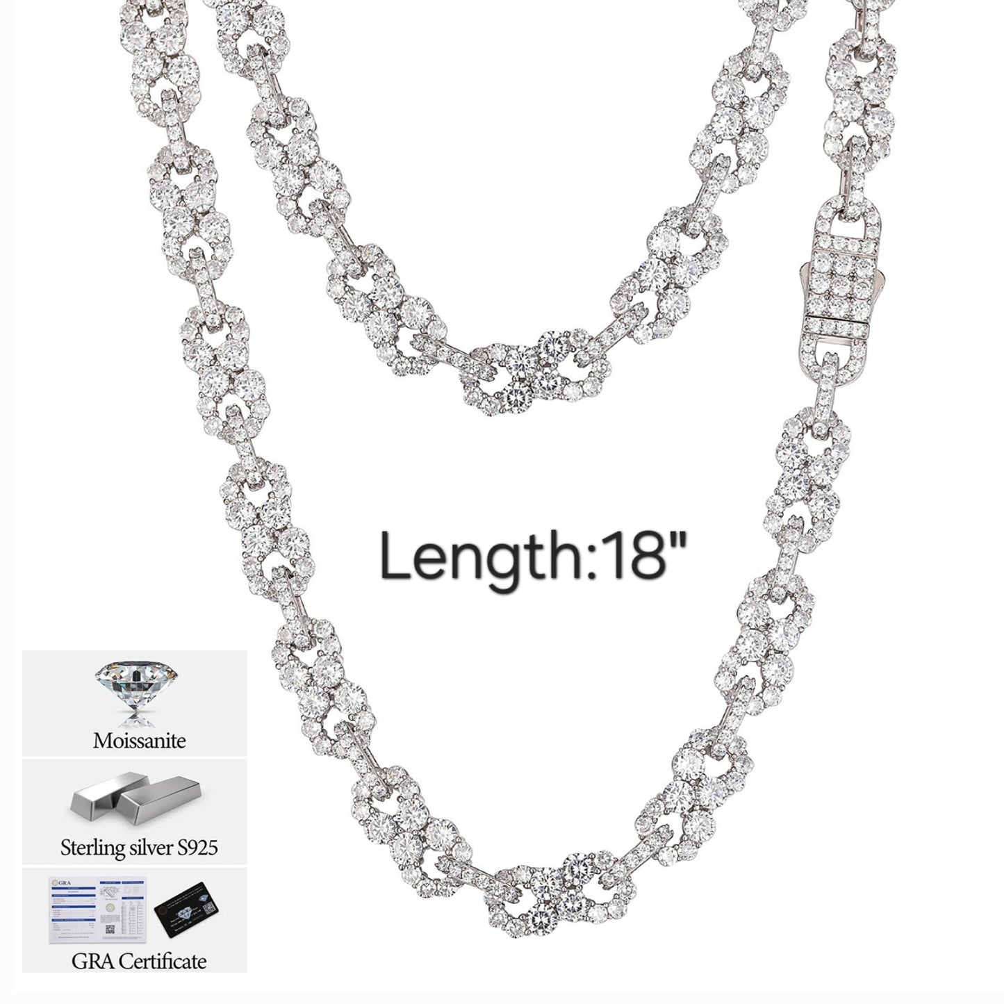 Iced Out 10mm Sterling Silver 925 Clustered Moissanite Infinity Link 18"-24" Chain Necklace - M500059