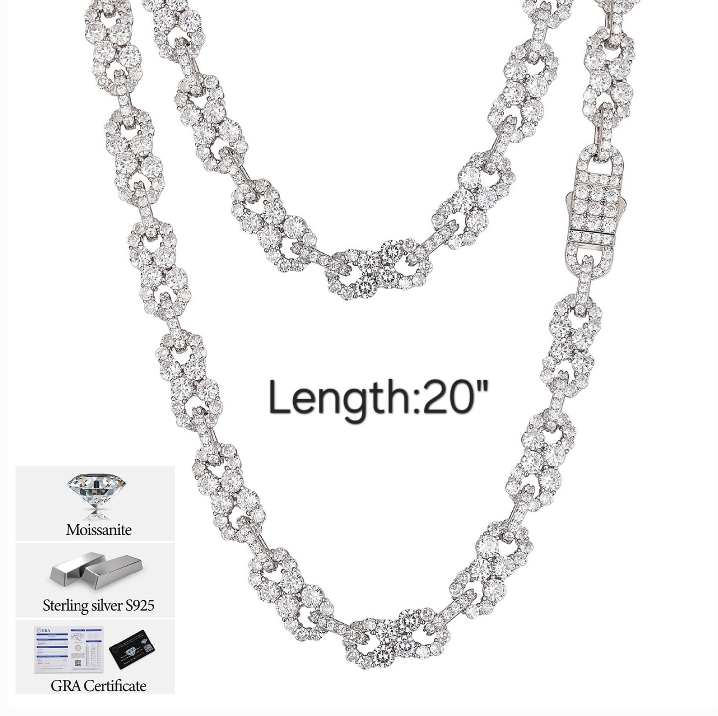 Iced Out 10mm Sterling Silver 925 Clustered Moissanite Infinity Link 18"-24" Chain Necklace - M500059