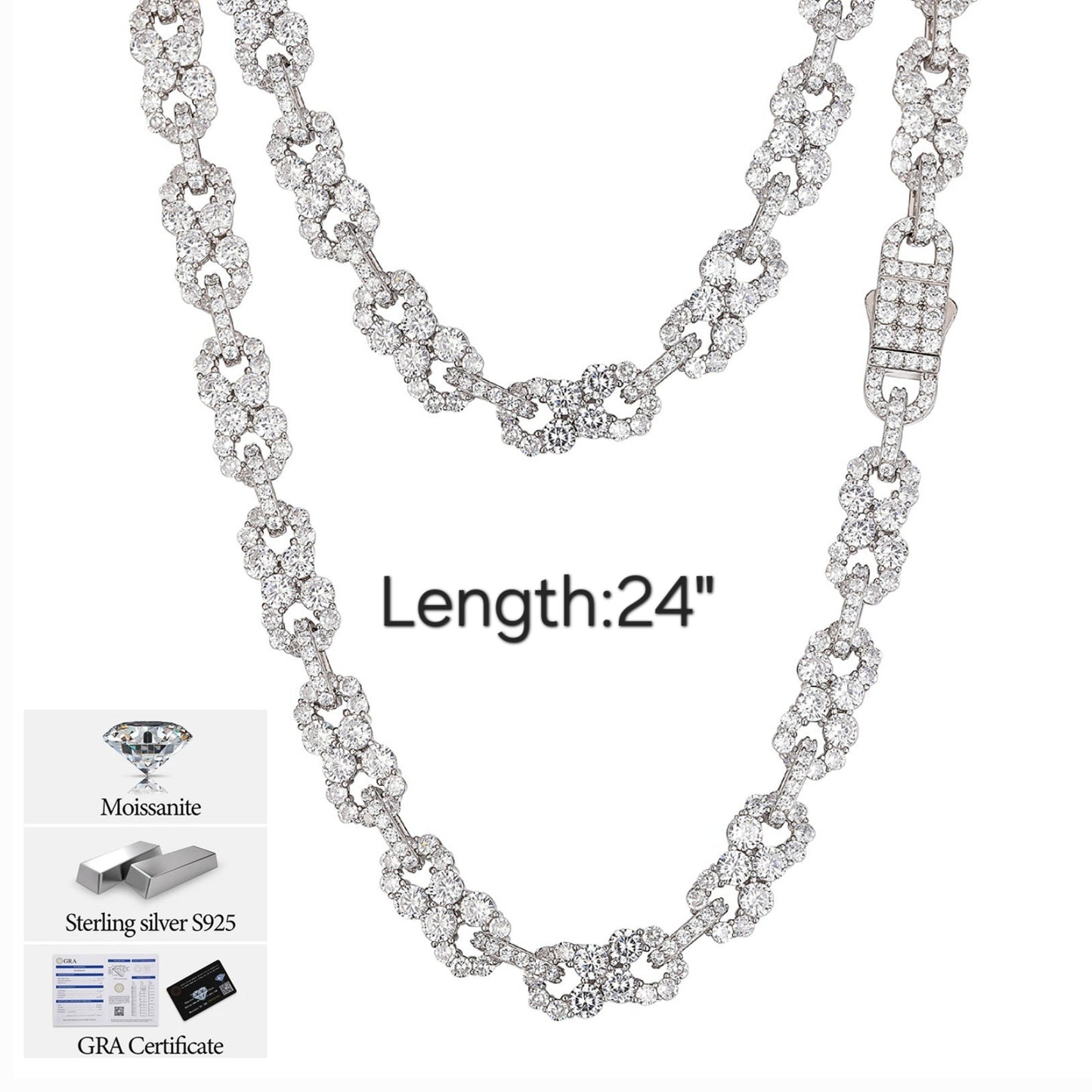 Iced Out 10mm Sterling Silver 925 Clustered Moissanite Infinity Link 18"-24" Chain Necklace - M500059