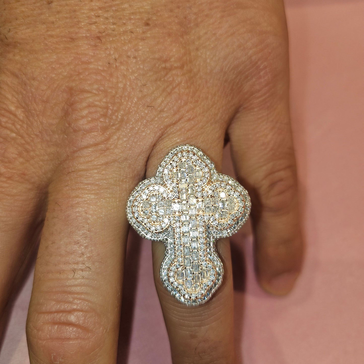 Men Sterling CZ Two-Tone Silver-Rose 3D Cross Ring