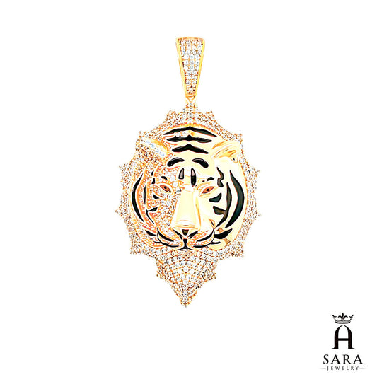 Yellow Gold Tiger Head Red Eyes with Black Enamel Pendant