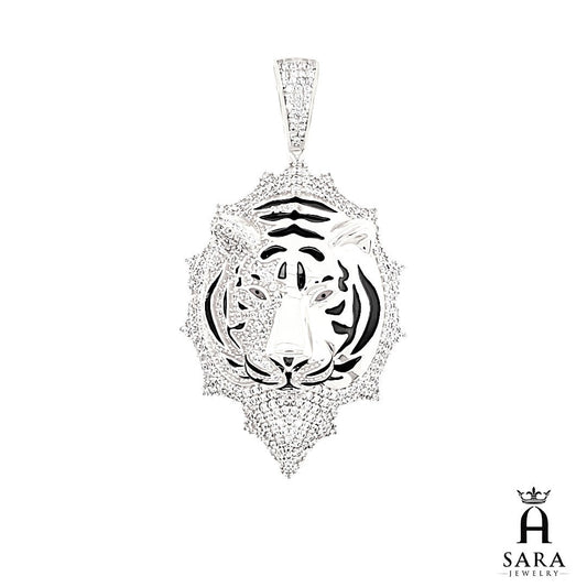 White Silver 925 Tiger Head Red Eyes with Black Enamel Pendant