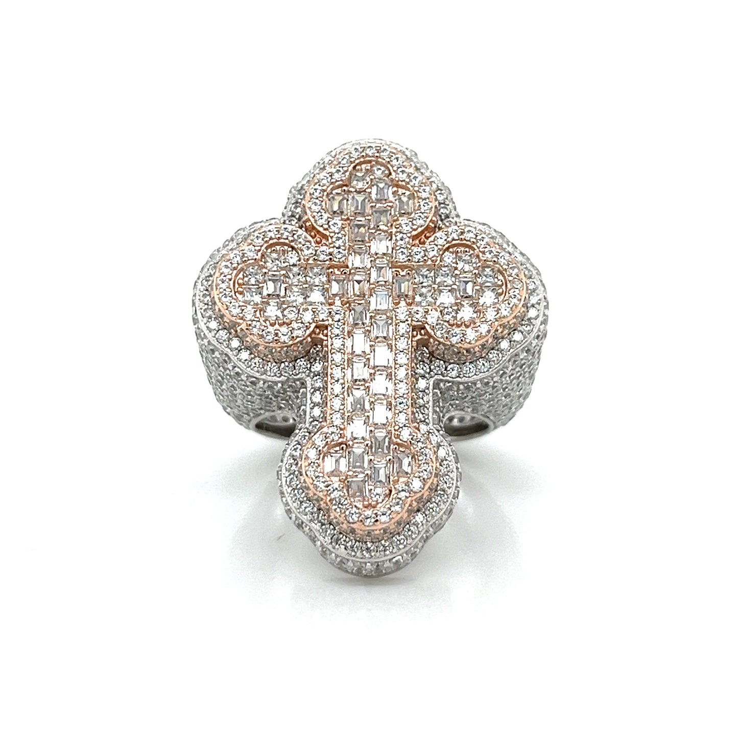 Men Sterling CZ Two-Tone Silver-Rose 3D Cross Ring