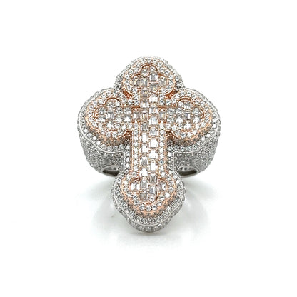 Men Sterling CZ Two-Tone Silver-Rose 3D Cross Ring