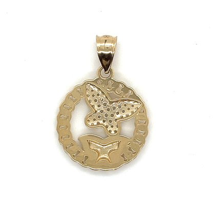 14K Gold Round Double Butterfly Pendant