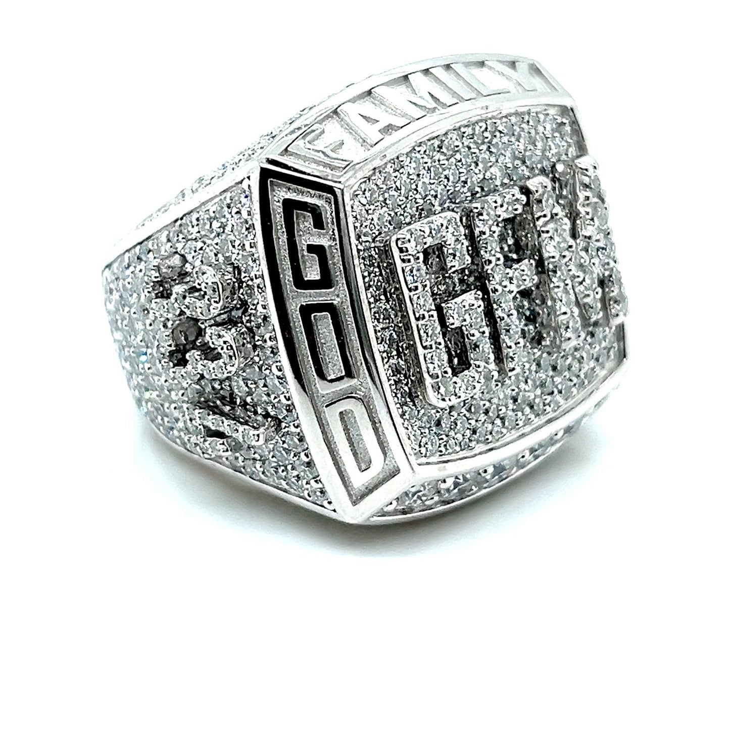 Sterling Silver "GOD FAMILY MONEY' Lab-Created Moissanite Hip Hop Customized Ring