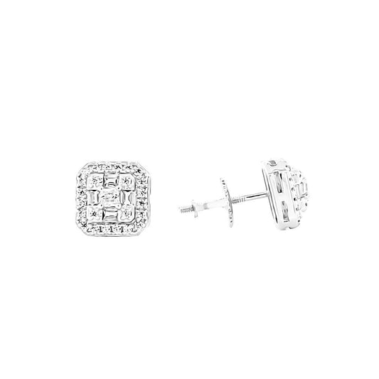 Square White Silver Screw Baguette Stones Earrings