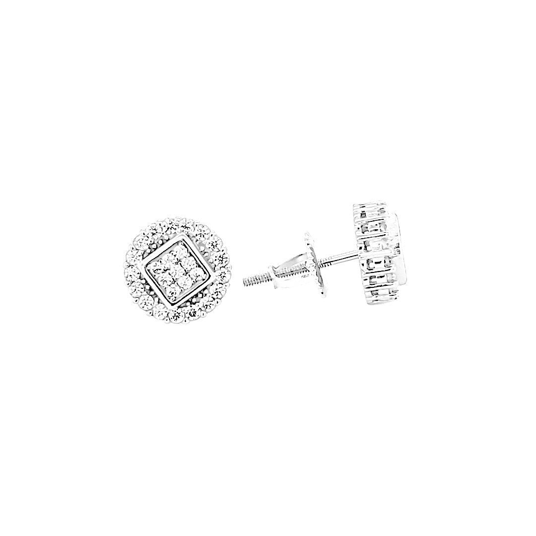 Round Square White Silver Screw Back Earrings