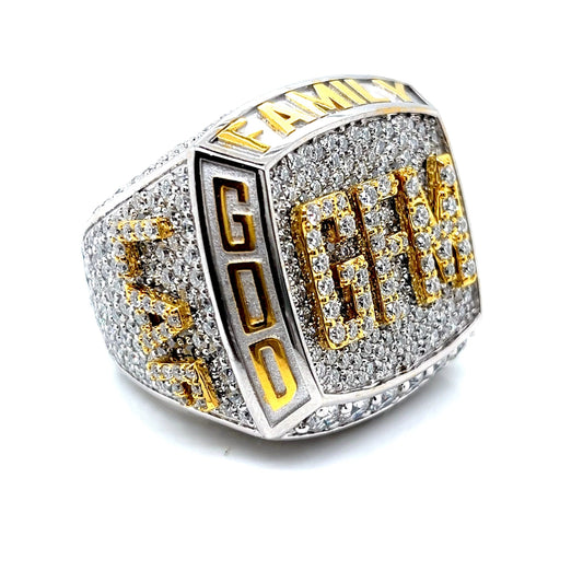 "GOD FAMILY MONEY' Lab-Created Moissanite Hip Hop Customized Two Tone Sterling Ring