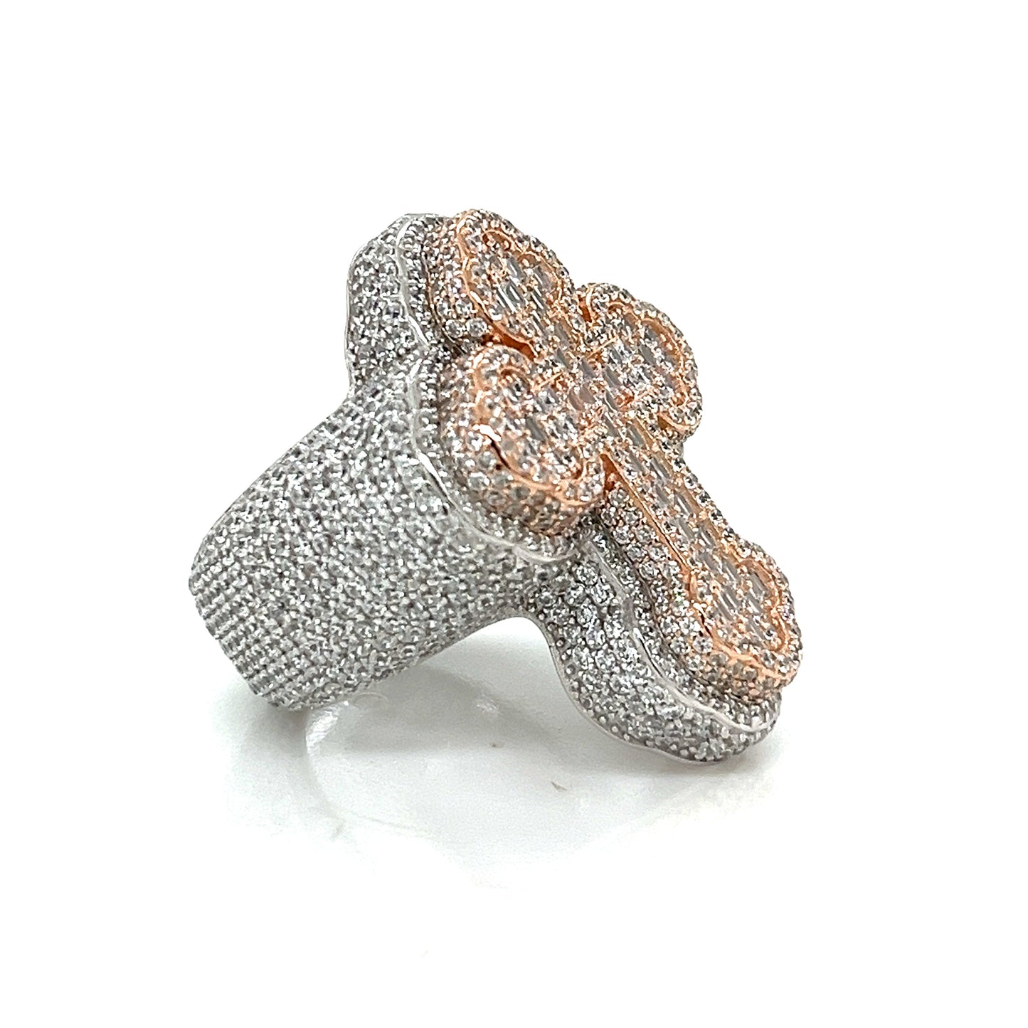 Men Sterling CZ Two-Tone Silver-Rose 3D Cross Ring