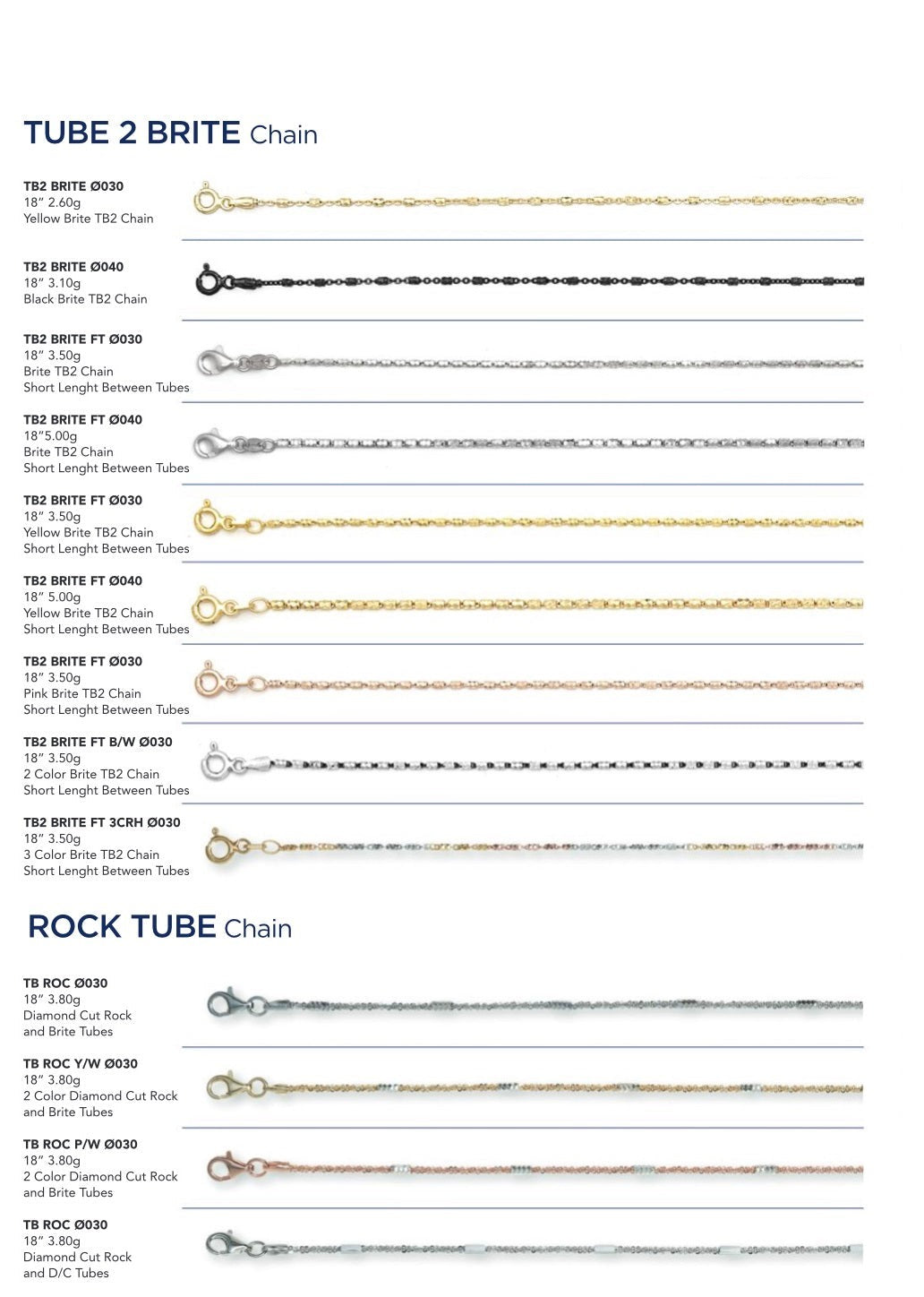 Plata de ley 925 rodiada / tubo chapado en oro de 14 k 2 Brite / cadena de tubo de roca