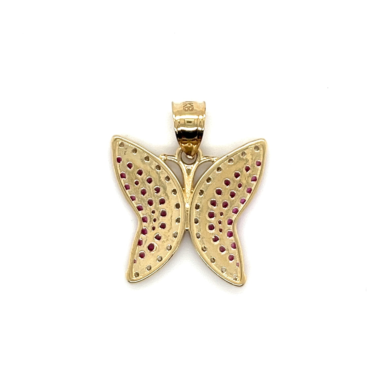 Colgante de mariposa con circonita cúbica de color rosa en oro de 14 quilates