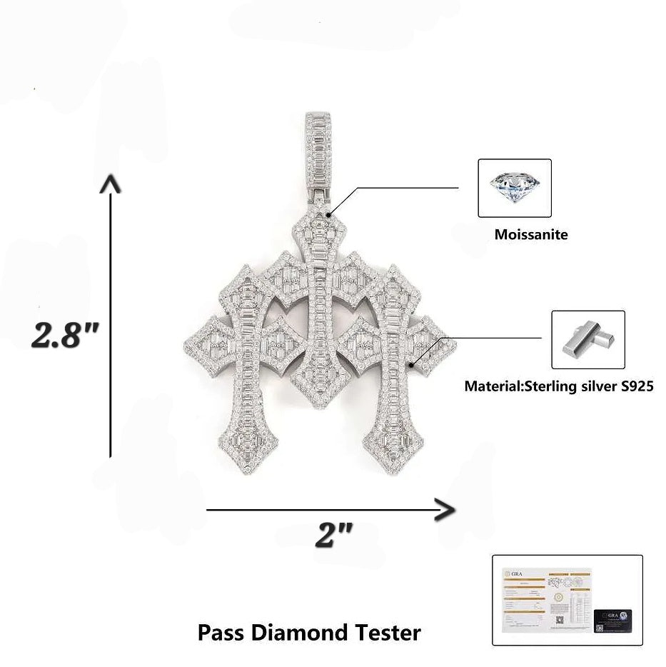 4.79CT Baguette and Round Moissanite Triple Ornamental Cross Pendant 2" Charm - M400099