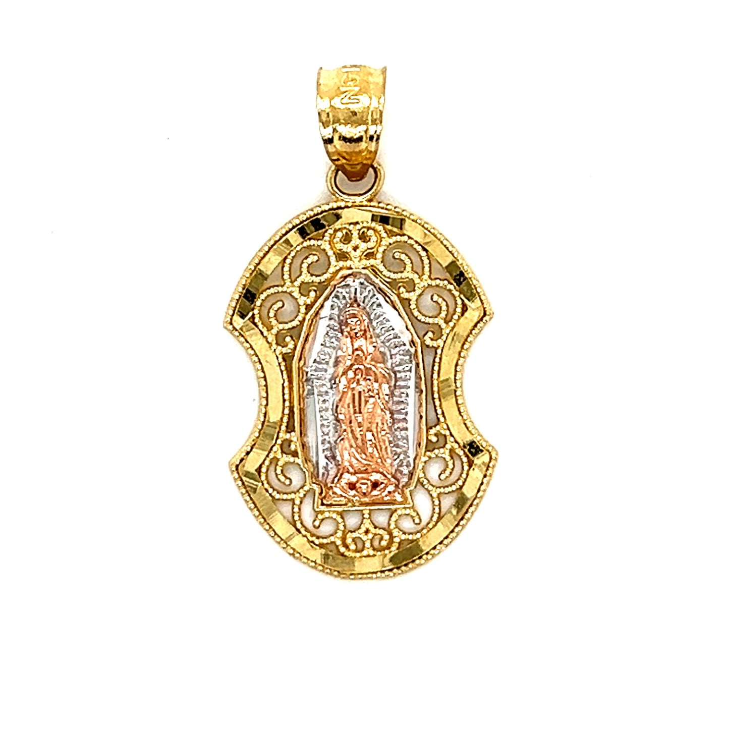 Colgante de Virgen de Guadalupe de dos tonos de oro de 14 quilates