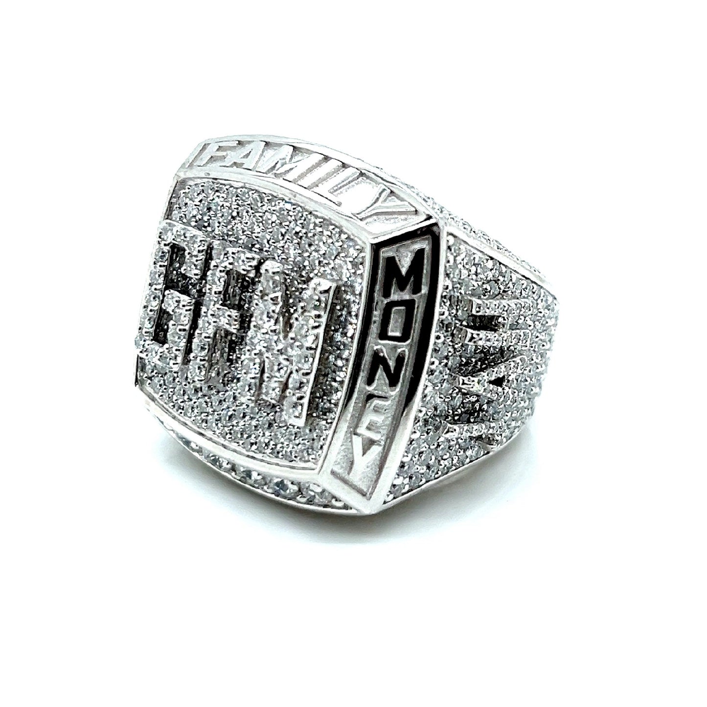 Sterling Silver "GOD FAMILY MONEY' Lab-Created Moissanite Hip Hop Customized Ring