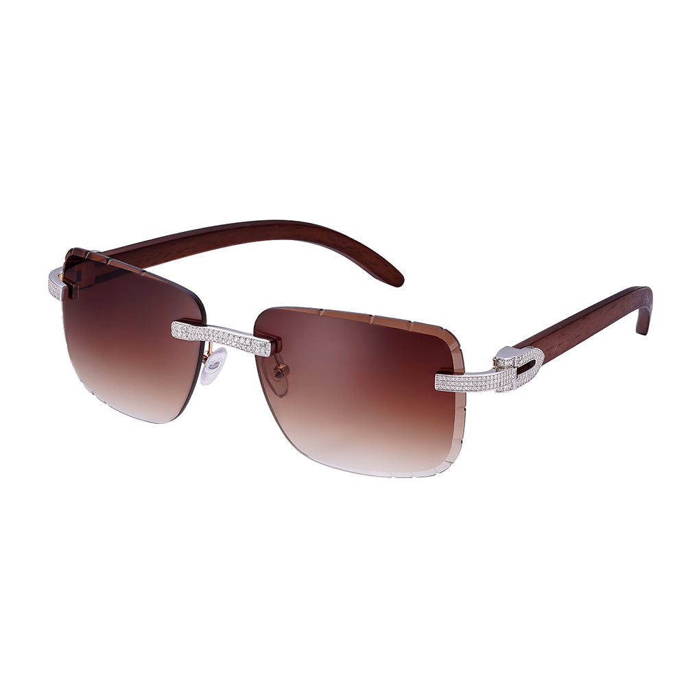 C-Decor Iced-Out Moissanite Rimless Sunglasses Wooden Arms