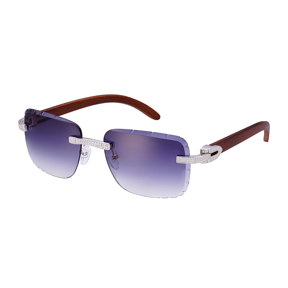 C-Decor Iced-Out Moissanite Rimless Sunglasses Wooden Arms
