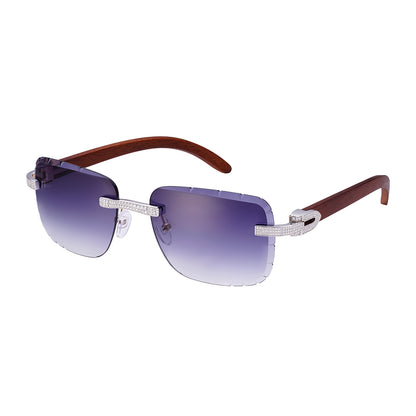 C-Decor Iced-Out Moissanite Rimless Sunglasses Wooden Arms