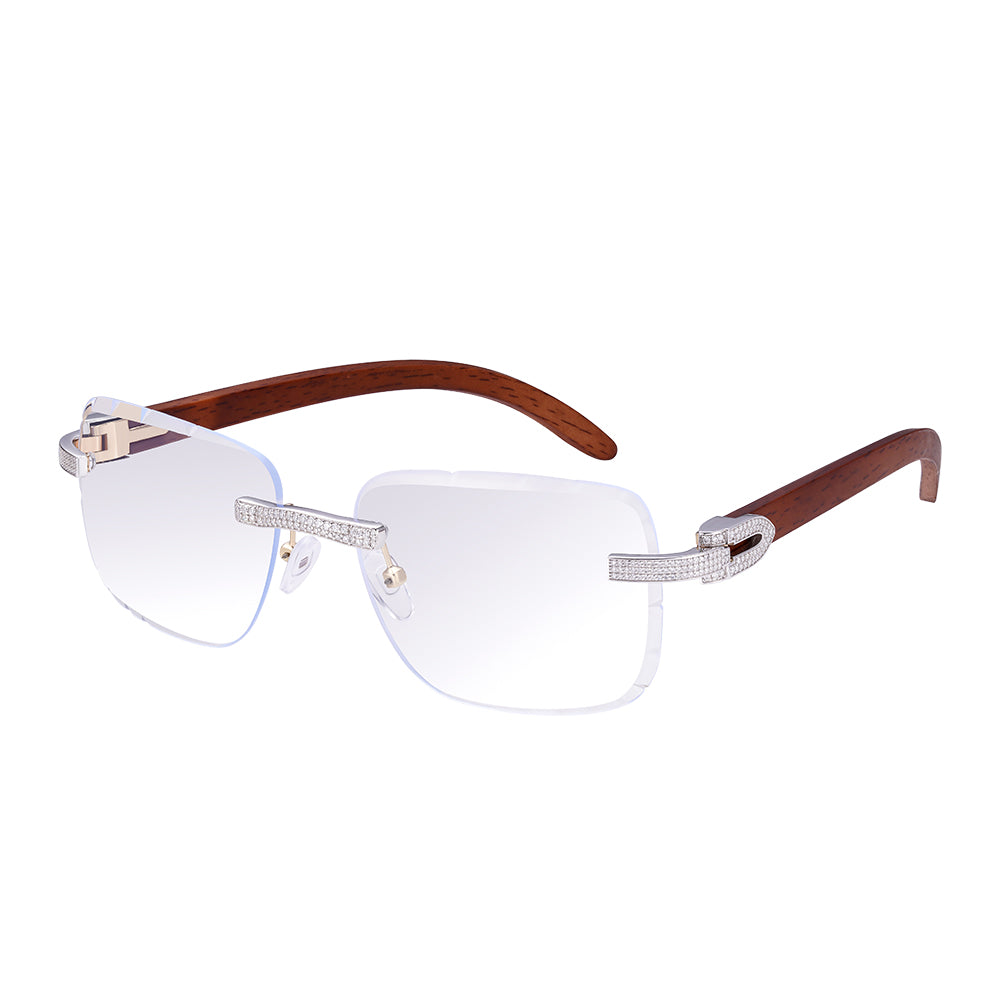 C-Decor Iced-Out Moissanite Rimless Sunglasses Wooden Arms