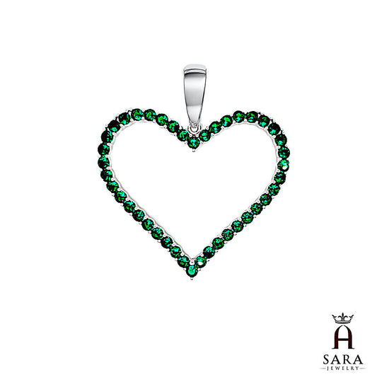 White Silver Round Pave Green CZ Heart Ladies Pendant Charm