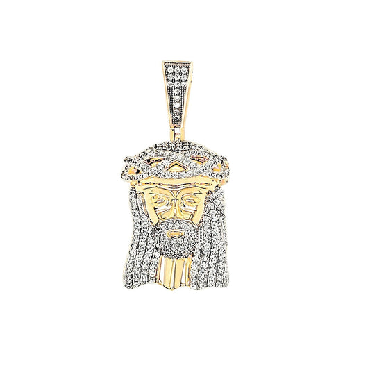 14K Yellow Gold Finish Jesus Face Crown Fully Iced Round Simulated Diamonds Pendant