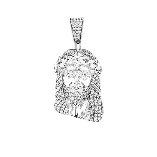 925 Sterling Silver Rhodium Finish Jesus Face Crown Oval Simulated Diamonds Pendant