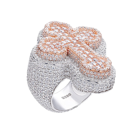 Men Sterling CZ Two-Tone Silver-Rose 3D Cross Ring