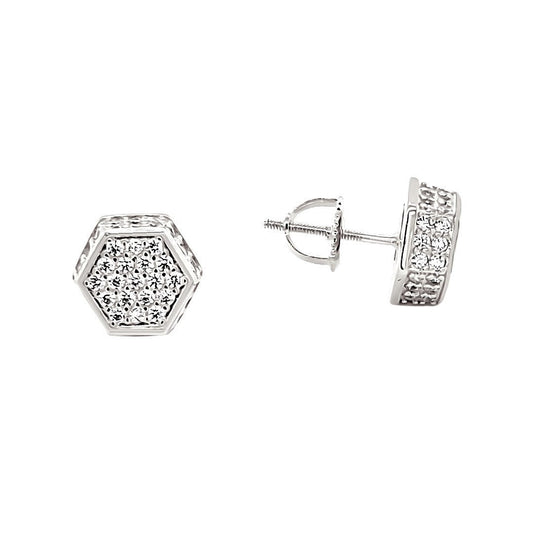 925 Sterling Silver Rhodium Finish Round Pave Stud Screw Back Hexagon Earrings