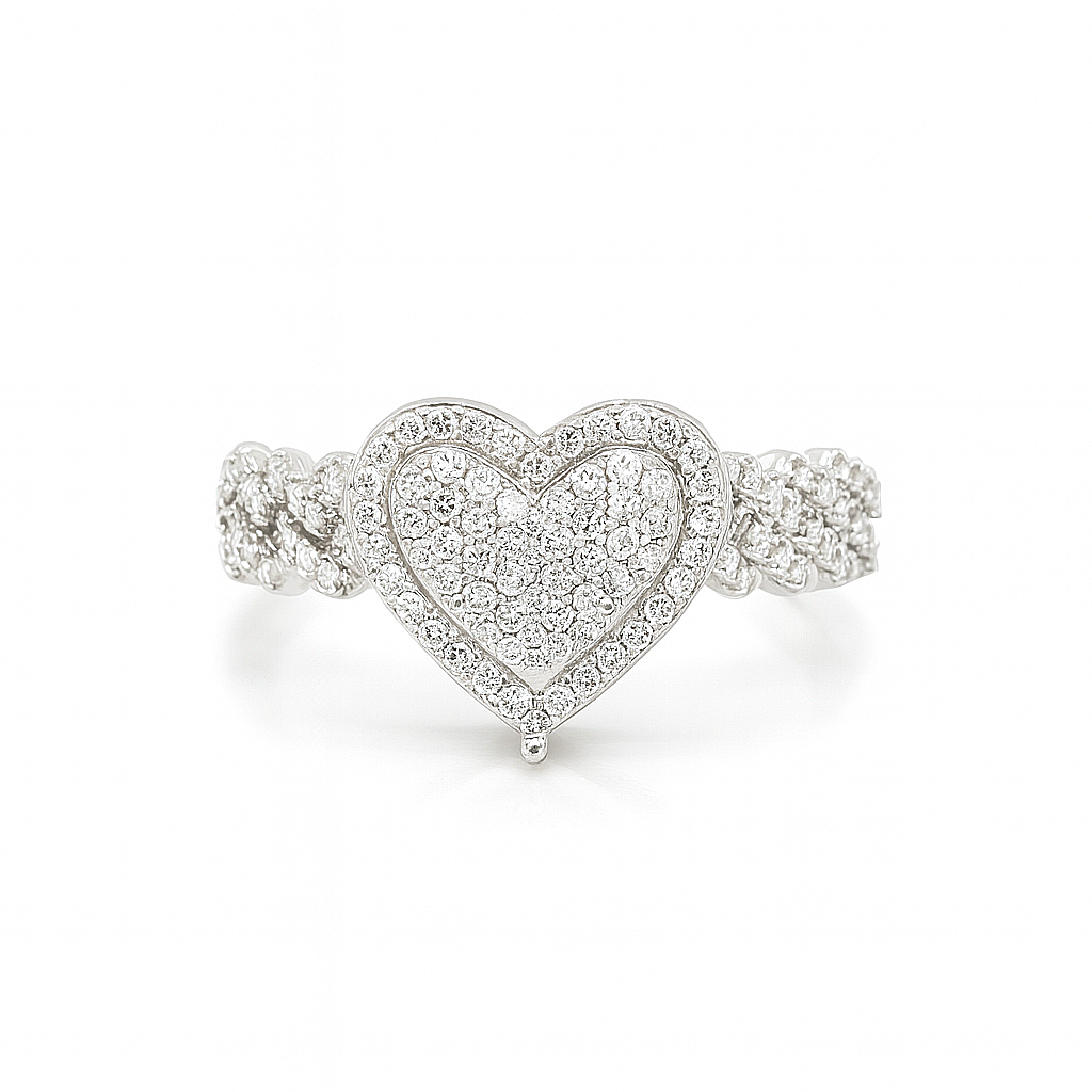 Sterling Silver Heart Pavé Ring with Cuban Style Band