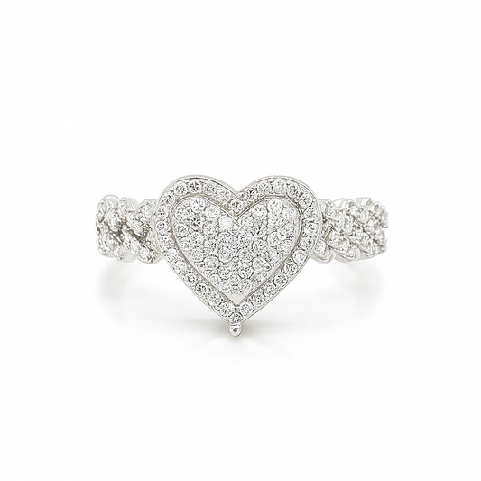 Sterling Silver Heart Pavé Ring with Cuban Style Band